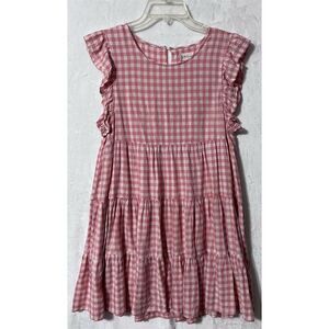 Altar’d State Pink Gingham Tiered Mini Dress Size M Short Sleeve Summer Casual